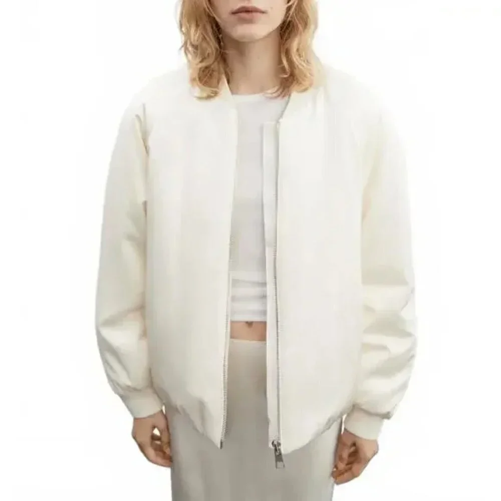 New Mango Selection Collection Quilted Satin Ecru Bomber Jacket 57006024 Med NWT